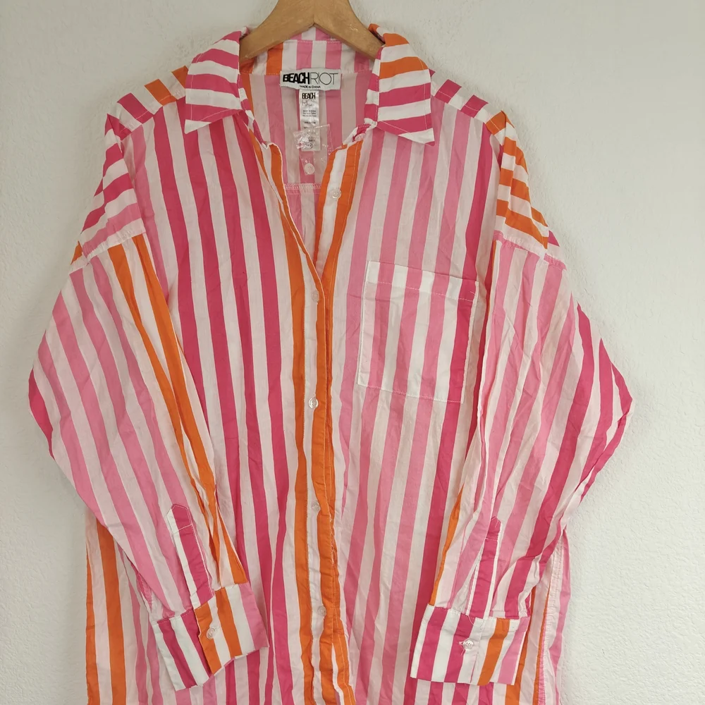 Beach Riot Nwot Alexa Coverup Button Down Sunset Stripes Pink Orange Sz L/XL - Picture 6 of 14